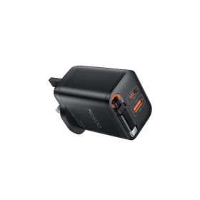 Yesido GaN 40W Fast Charging Three Ports Built-in 65CM Retractable Cable UK Plug Travel Charger YC145