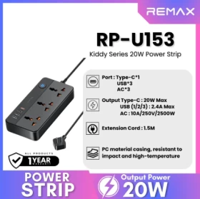REMAX - شريط طاقة RP-U153 Kiddy Series بقوة 20 وات (أمريكي) (1.5 متر) - اسود