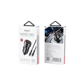 شاحن سيارة Yesido Y55 بمنفذين من النوع C/USB-C، QC3.0+PD30W، شحن سريع بمنفذين من النوع C/USB-C+USB (أسود)