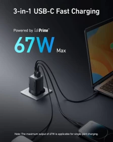 Anker 366 Prime 67W GaN Wall Charger (3 Ports), A2674K11 – Black